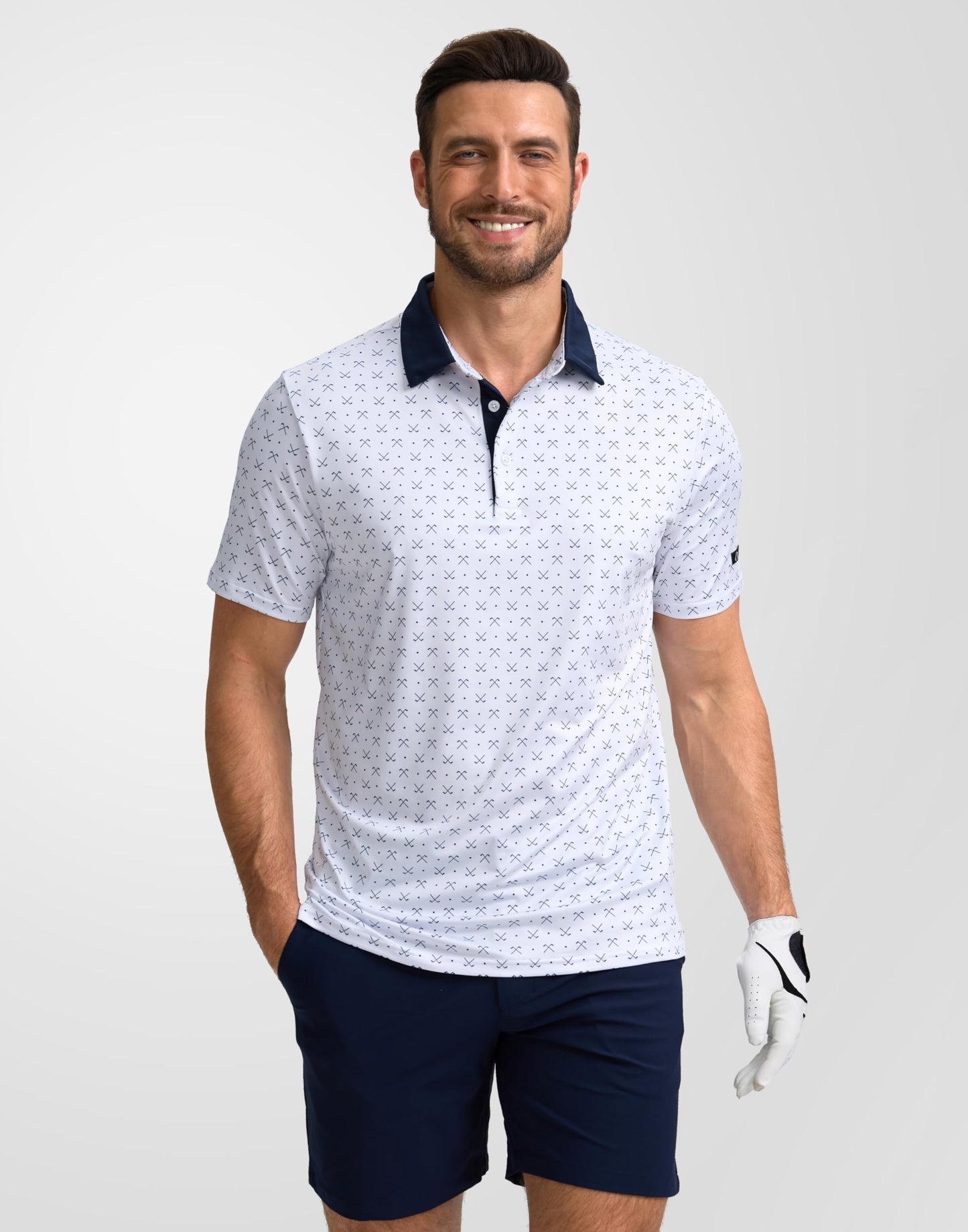 Obla Mens Golf Polo Shirts Short Sleeve Dry Fit Performance Moisture Wicking Casual Print Collared Golf Shirts for Men(White Golf Clubs_L)