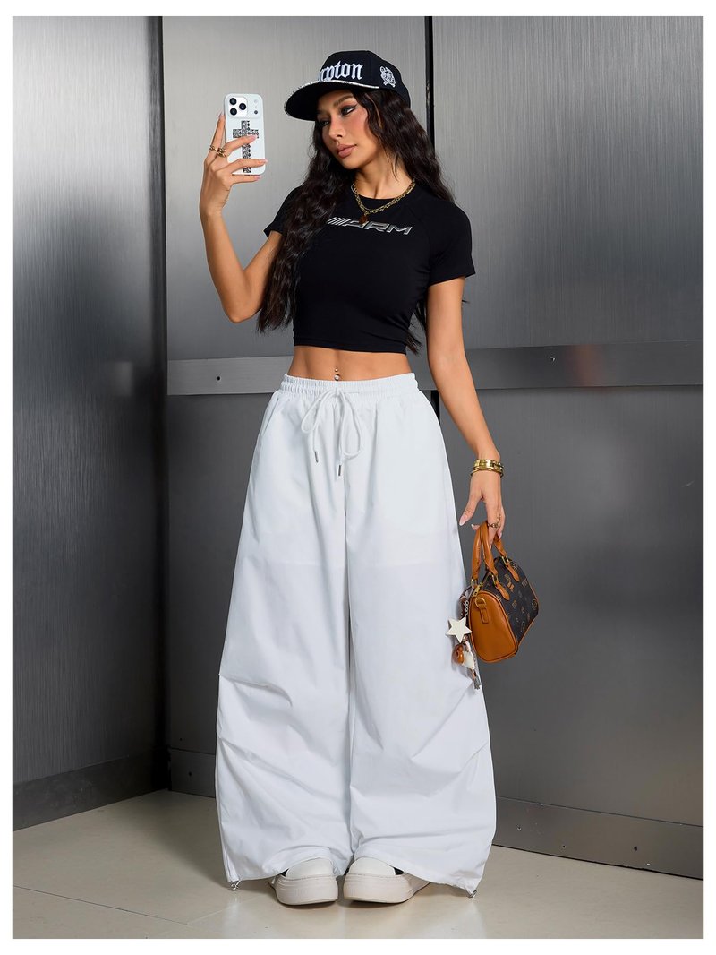 SHENHE Women's Y2k Low Rise Baggy Pants Wide Leg Drawstring Elastic Waist Track Pants Trousers White Large