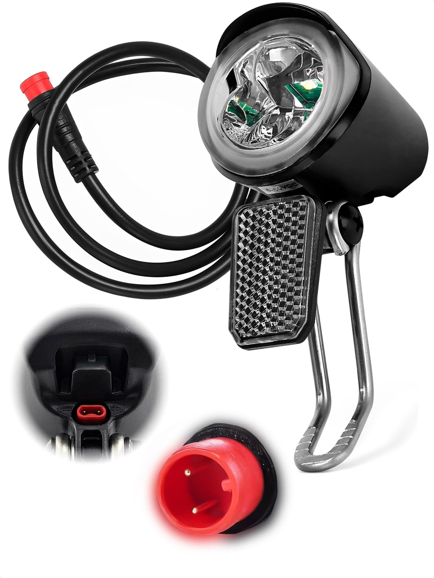 Headlight for Ebike 2 Pin Connector 6-60V - Easy to Install Ebike Light with LED Bulb and Reliable Stainless Steel Bracket, 20 Lm Lights Output, Weather Resistant - E Bike Light for Night Riding