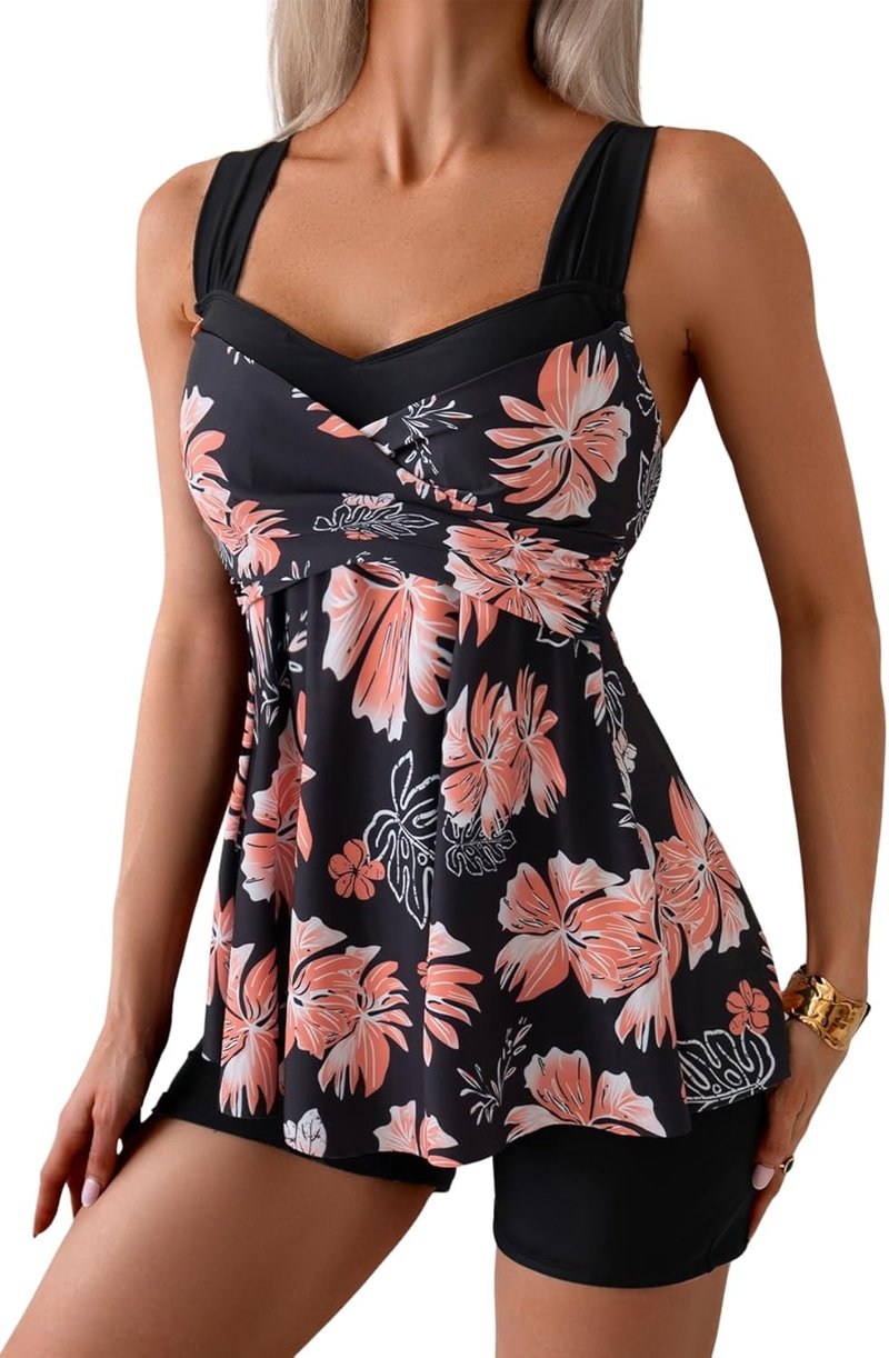 Tankini Swimsuits for Women - Tummy Control Floral Two Piece Bathing Suit | Modest Skirt Top & Boyshorts