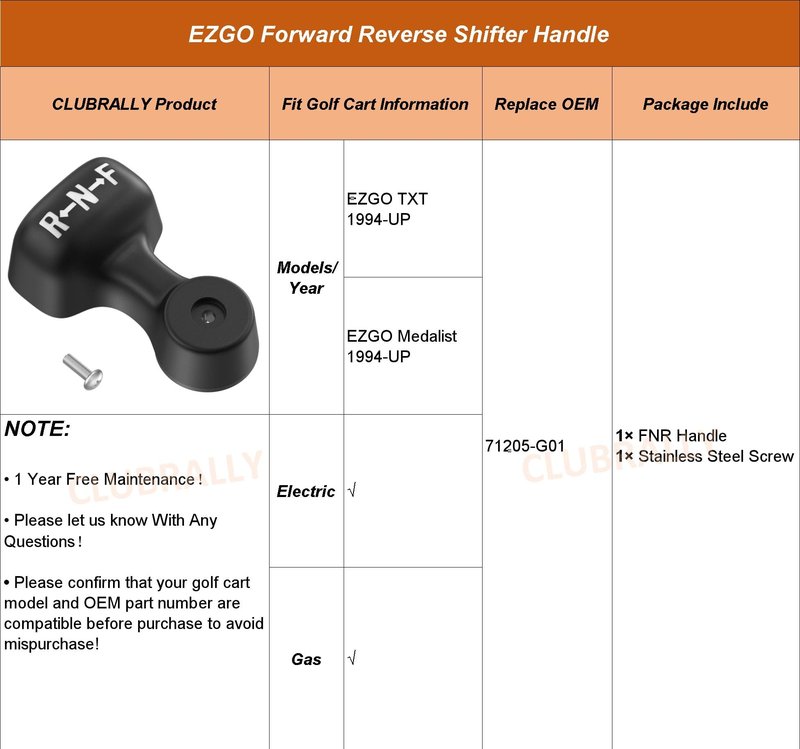CLUBRALLY Golf Cart Forward Reverse Shifter Handle, FNR Handle Fit for 1994-UP EZGO Gas & Electric TXT, Medalist, OEM#71205-G01