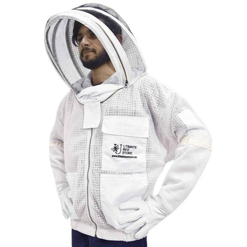 Ultimate Bee Store Ultra Ventilated Bee Jacket Beekeepers 3 Layer Beekeeping Jacket Sting Resistant Apiarist Jacket for Men & Women with Pair of Gloves (White Fencing Veil, Large)