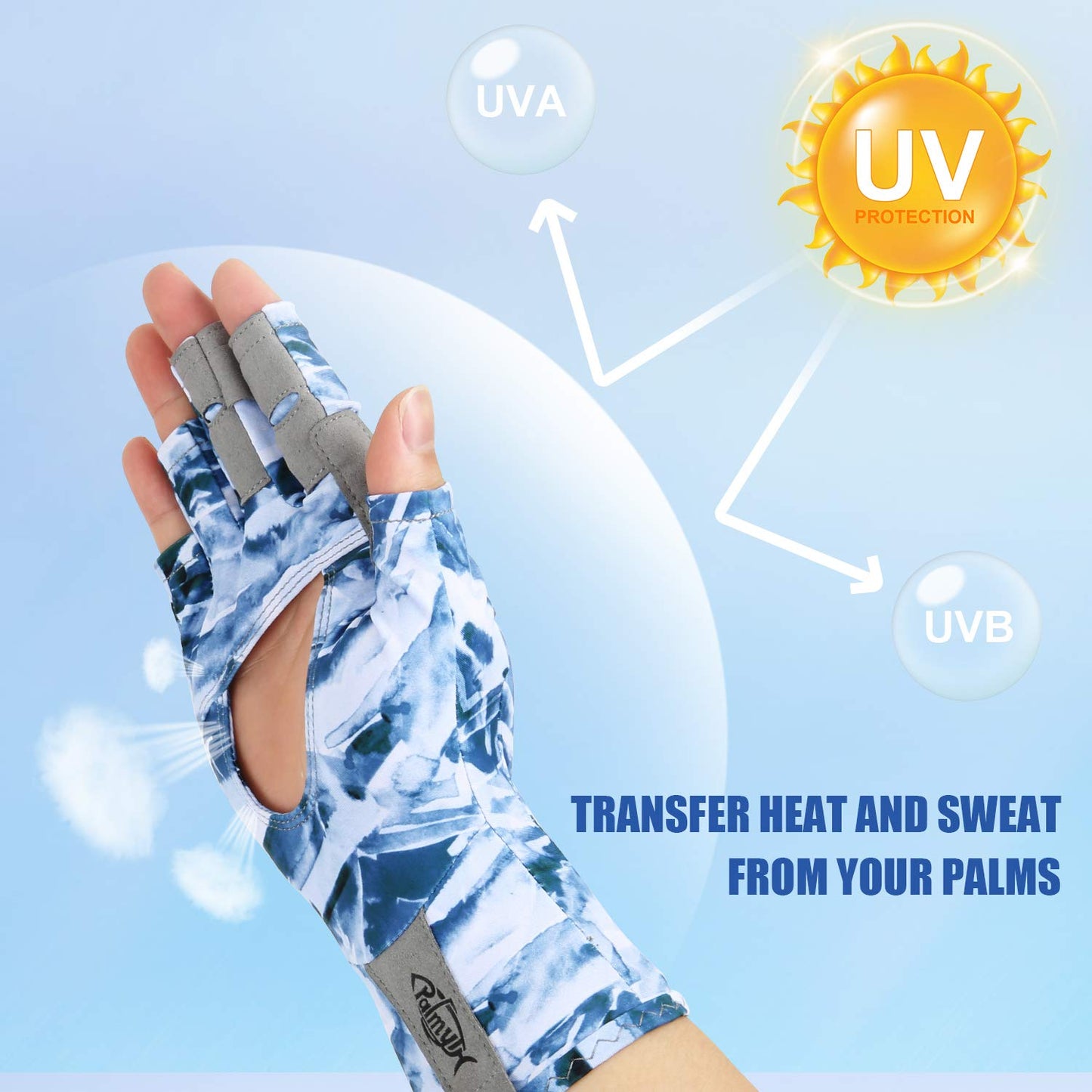 Palmyth UV Protection Fishing Fingerless Gloves UPF50+ Sun Gloves Men Women for Kayaking, Hiking, Paddling, Driving, Canoeing, Rowing (Air Mountain Sky, X-Small)