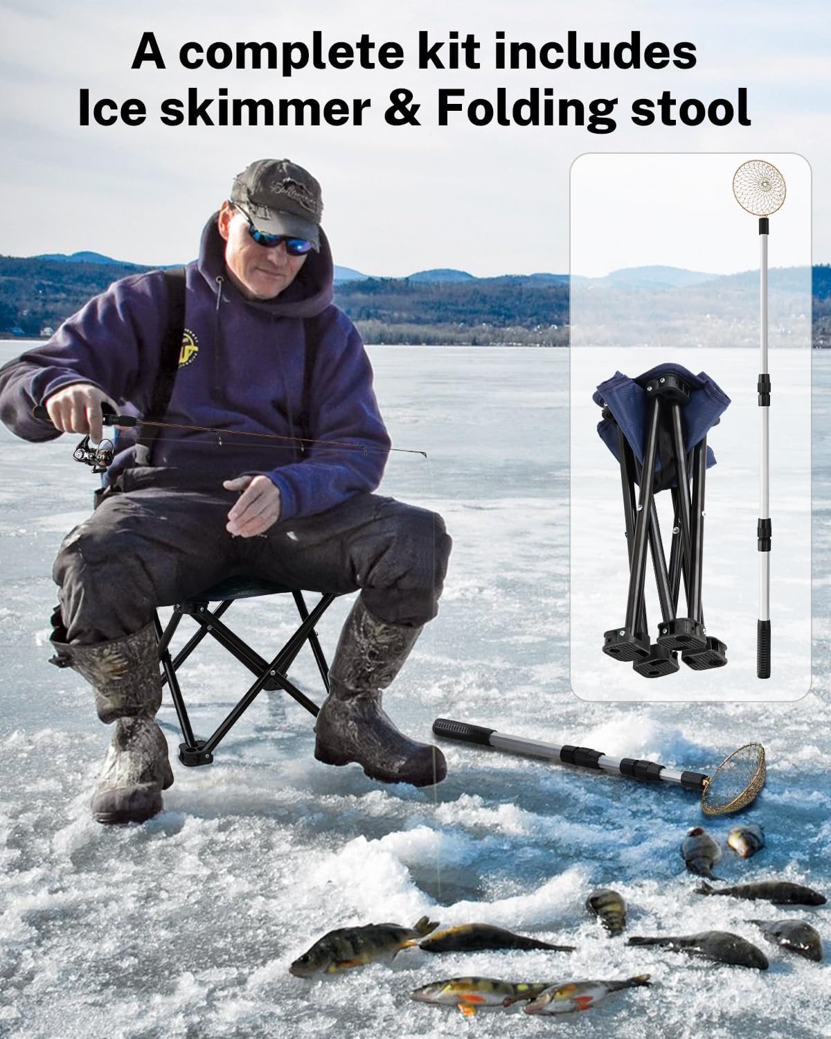 Gonex Ice Fishing Rod Reel Combo - Medium Light Carbon Fiber Kit with Spinning Reel & Folding Stool | Portable Winter Fishing Gear