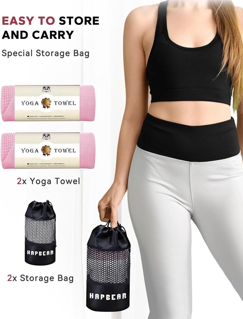 HAPBEAR Hot Yoga Towel - Super-Absorbent Microfiber with Non-Slip Grip Dots | 2 Pack, Pink