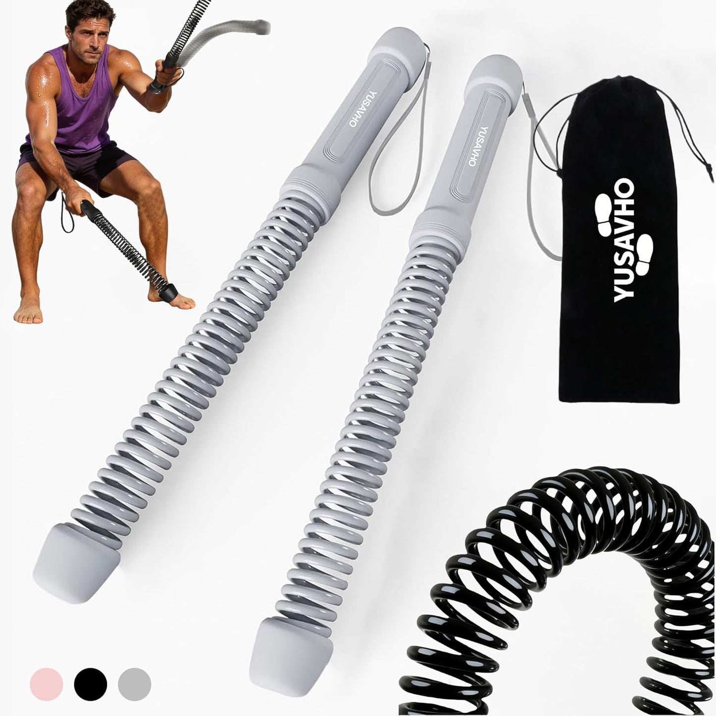 Ropeless Battle Ropes - Portable Cordless Workout Sticks for HIIT | Home Gym Exercise Equipment (Grey)