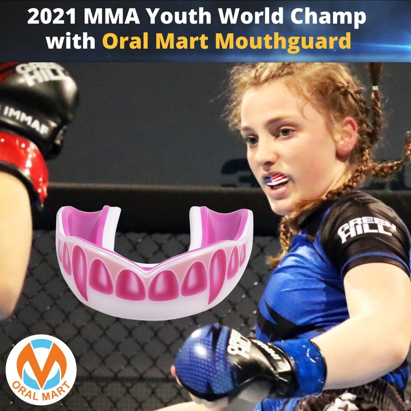 Oral Mart White/Pink Youth Vampire Fangs Mouth Guard for Kids - Youth Mouthguard for Karate, Football, Martial Arts, Taekwondo, Boxing, Rugby, BJJ, Muay Thai, Soccer, Hockey (with Free Case)