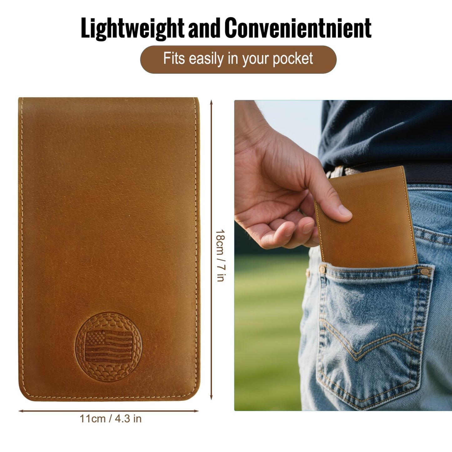 Real Leather Golf Scorecard Holder: USA Genuine Crazy Horse Leather Golf Yardage Book Cover with 4 Scorecard 1 Pencil - Golf Notebook Back Pocket Cool Golf Gifts for Father Him Golfers Men Dad