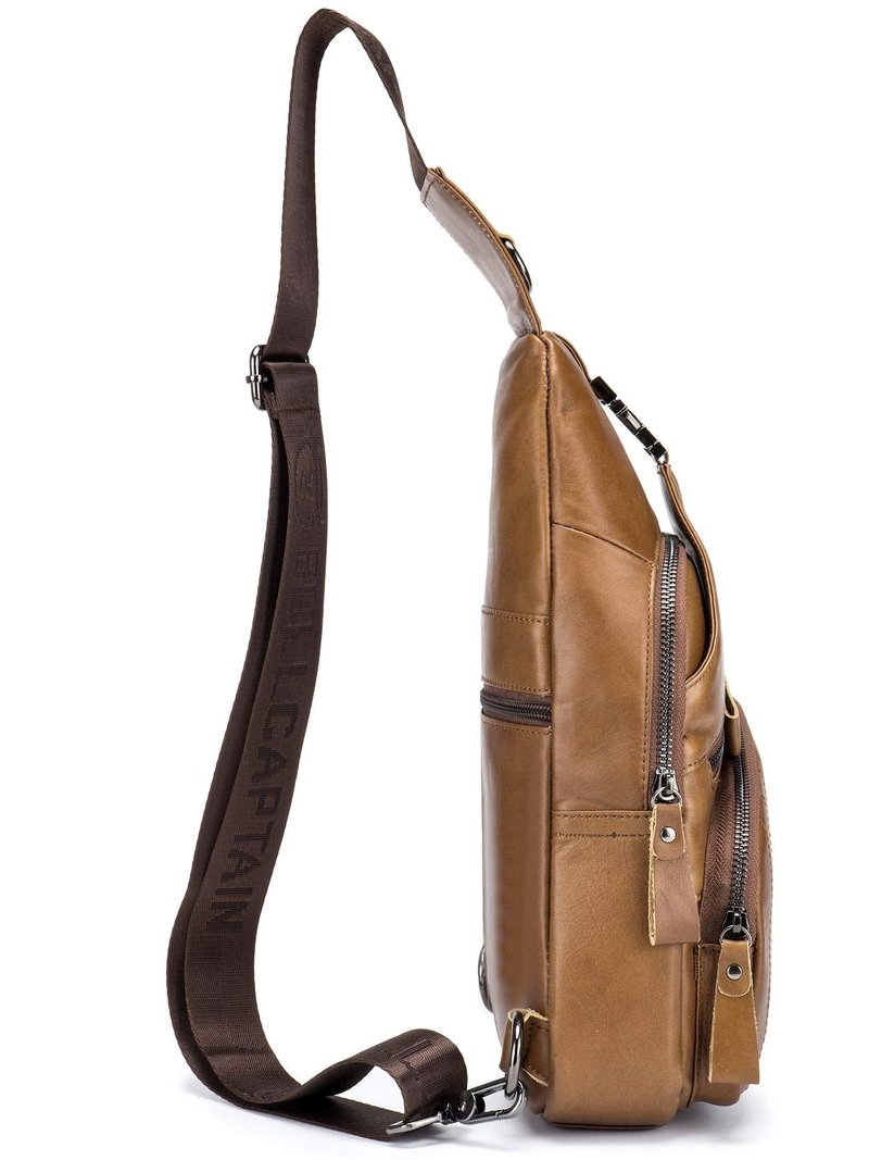 BULLCAPTAIN Leather Men Sling Bag Casual Crossbody Chest Bags Travel Daypack (Yellow brown)