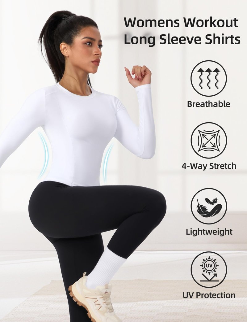 SPVISE White Long Sleeve Compression Shirt Women Workout Tops Quick Dry Athletic Base Layer Undershirts for Gym Yoga Running