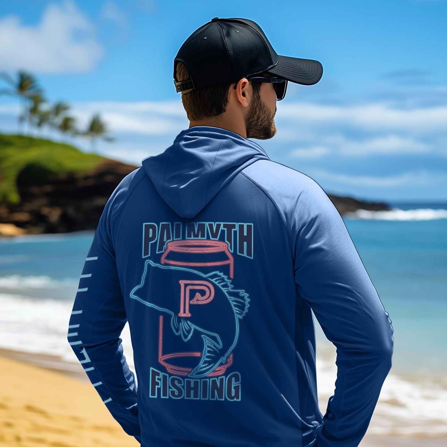 Palmyth Mens Fishing Shirts UV Sun Protection Vented Hoodie Long Sleeve with UPF 50+ Neck Gaiter Navy Ice Bass X-Large