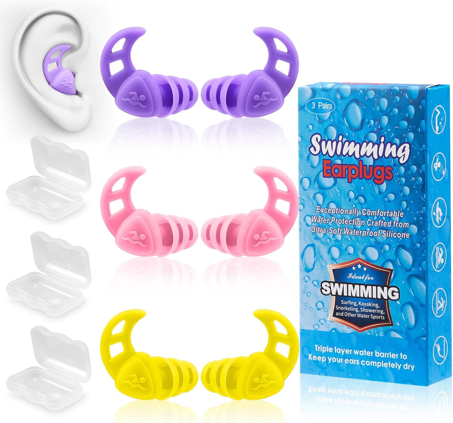 Swimming Earplugs for Adults - Comfortable Waterproof Silicone Design | Perfect for Pool & Beach Use