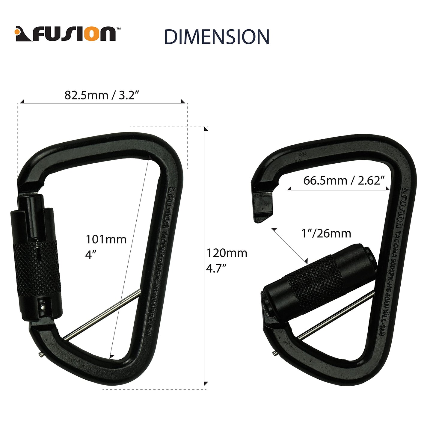 Fusion Climb Tacoma High Strength Auto-Lock Black Steel Carabiner Clip 50kN for Heavy Duty, Construction, Roofing, Climbing, Camping, hammonk UIAA