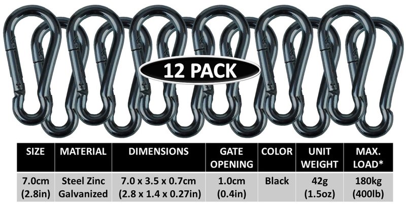 Branded Boards Black & Silver Zinc-Galvanized Heavy Duty Bushcraft Carabiner Spring Snap Clip Link Hooks 200-500lb Load 2, 6 & 12 Packs (Black-7cm-12 Pack)