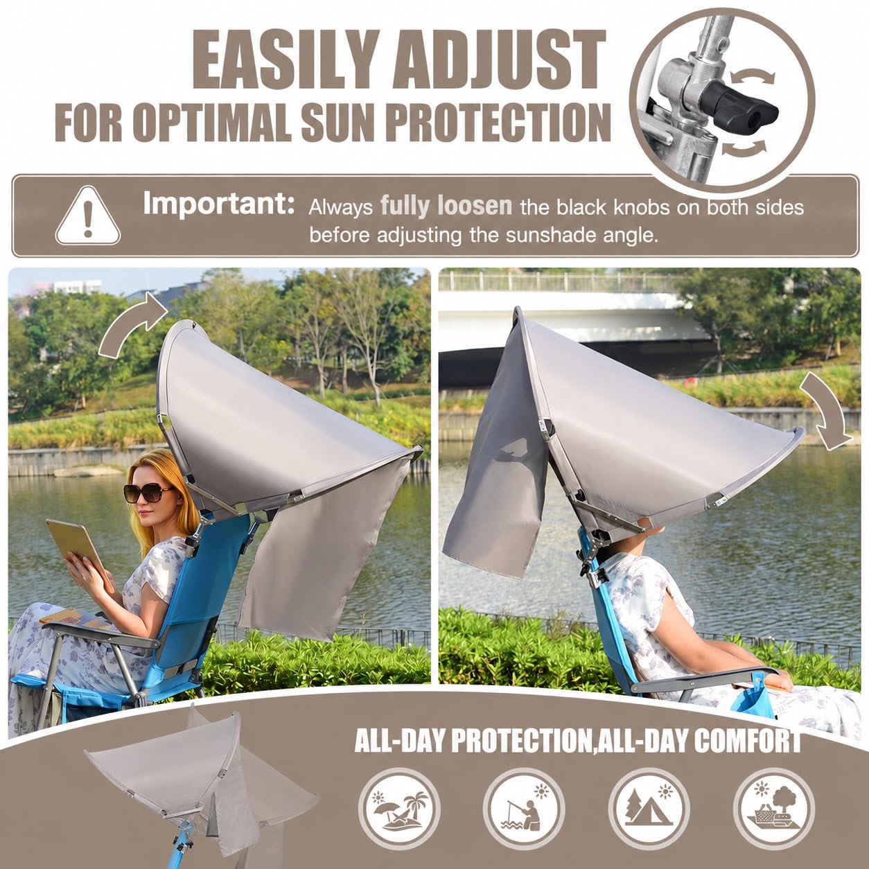 XL Universal Wind-Resistant Chair Umbrella Canopy, Extra Large Foldable UPF 50+ Sun Shade Attachment with Adjustable Clamp, Fits Most Beach, Camping, Lawn, Zero Gravity Chairs, 2 Pack, Patented