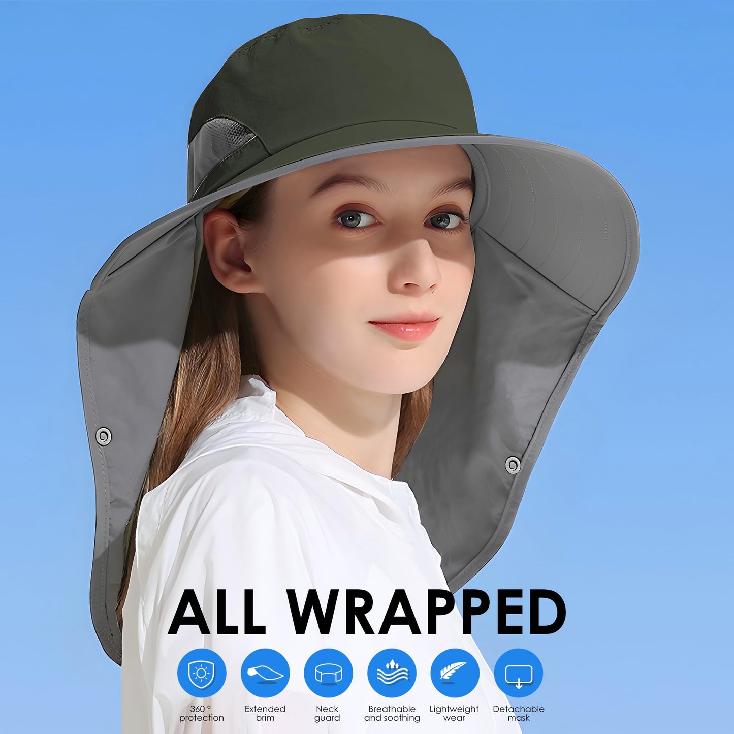 Outdoor Sun Hat Detachable Neck Face Flap UPF 50+UV Protection Visor Fishing Hats with Neck Flap for Men & Women Green