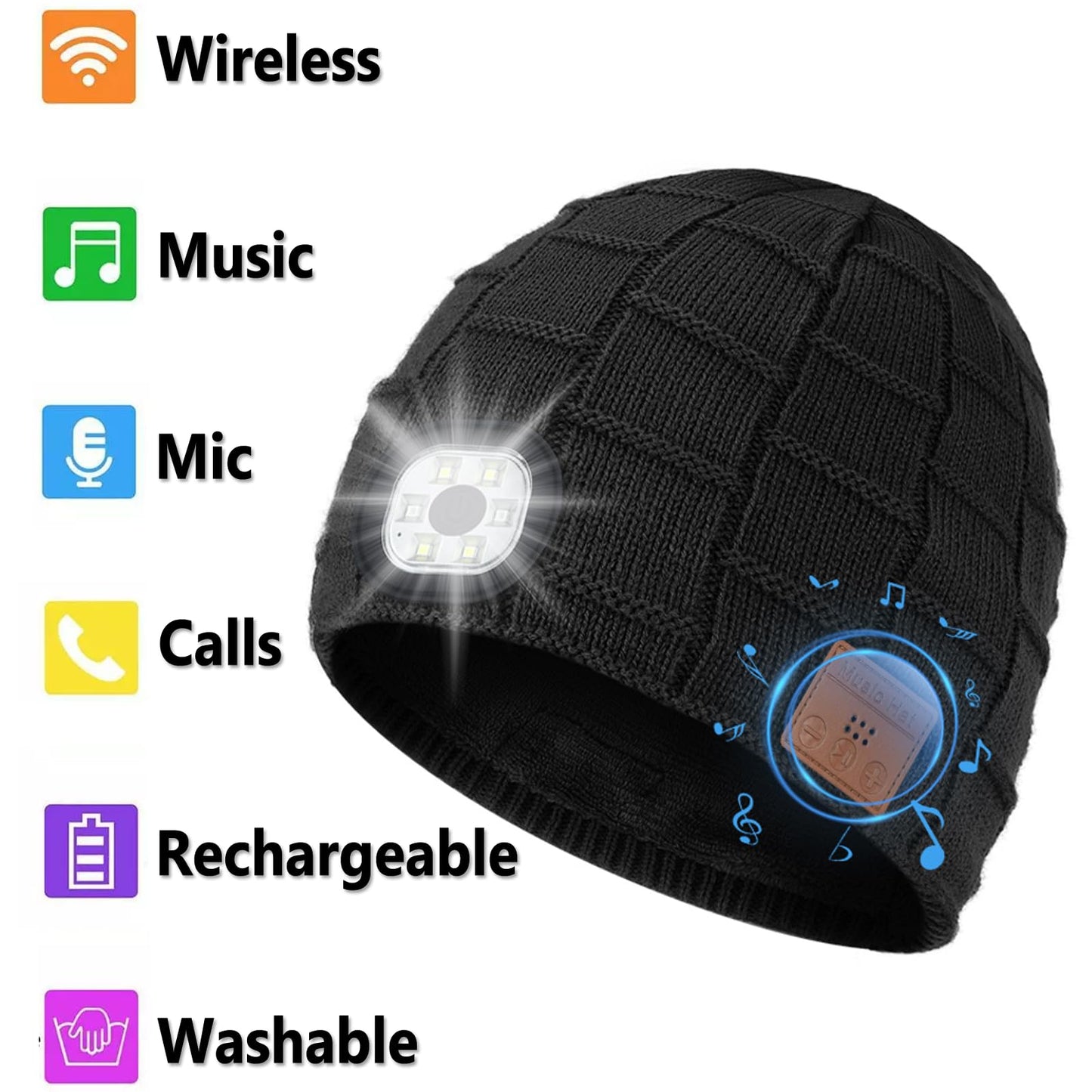 Wireless Beanie Music Hat with Light Unisex Musical Knitted Cap Rechargeable Beanie with Light Built-in Speakers Mic Headphone Beanie Hat Gifts for Men Women Running Camping Fishing Travelling