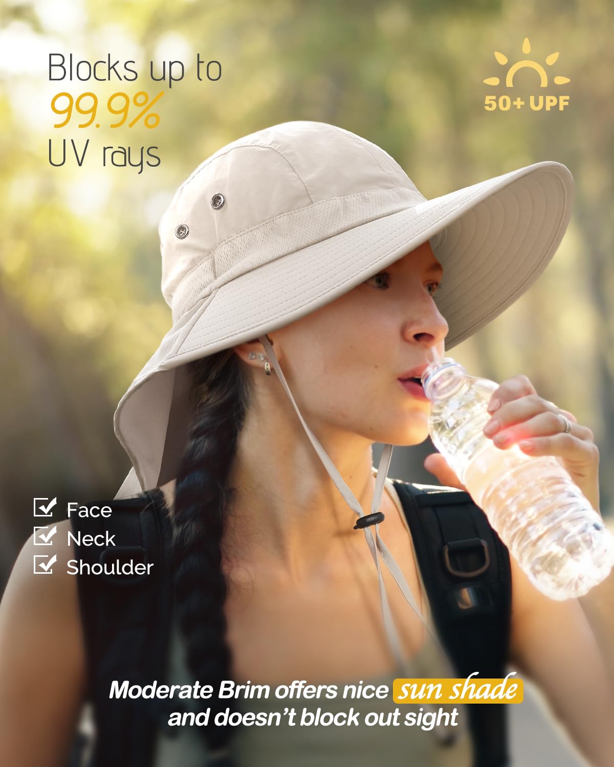 Creekstone Wide Brim Sun Hat with Neck Flap, UPF 50+ UV Protection Hiking Fishing Gardening Hat Waterproof Rain Hat Women Men (US, Alpha, One Size, Beige)