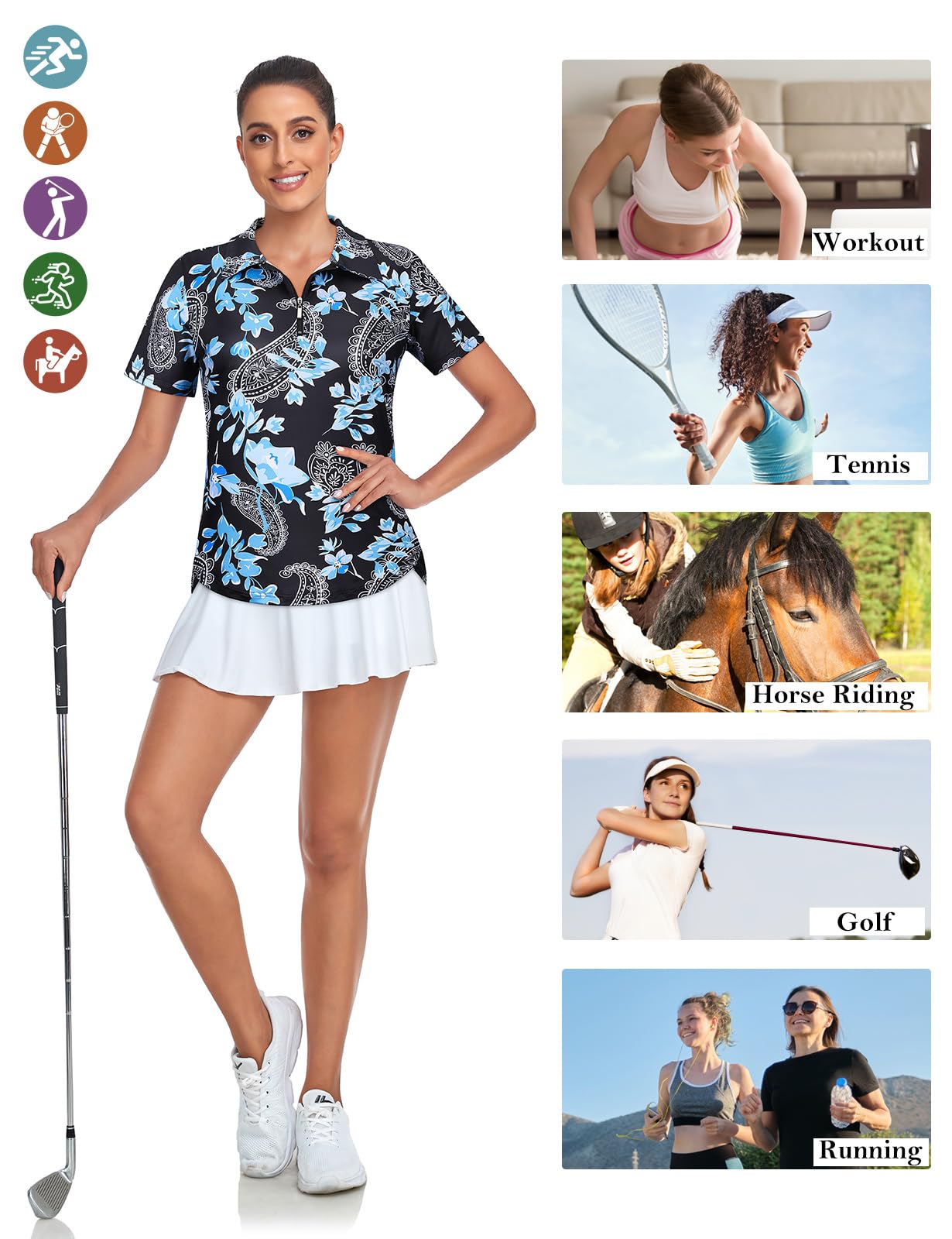 Tanst Sky Women's Golf Shirts, Ladies Short Sleeve Golf Polo Apparel Loose Zip Up Athletic Workout Tops Dry Fit Moisture Wicking Gym Tennis Outfits UV Protection Clothing Blue Floral M