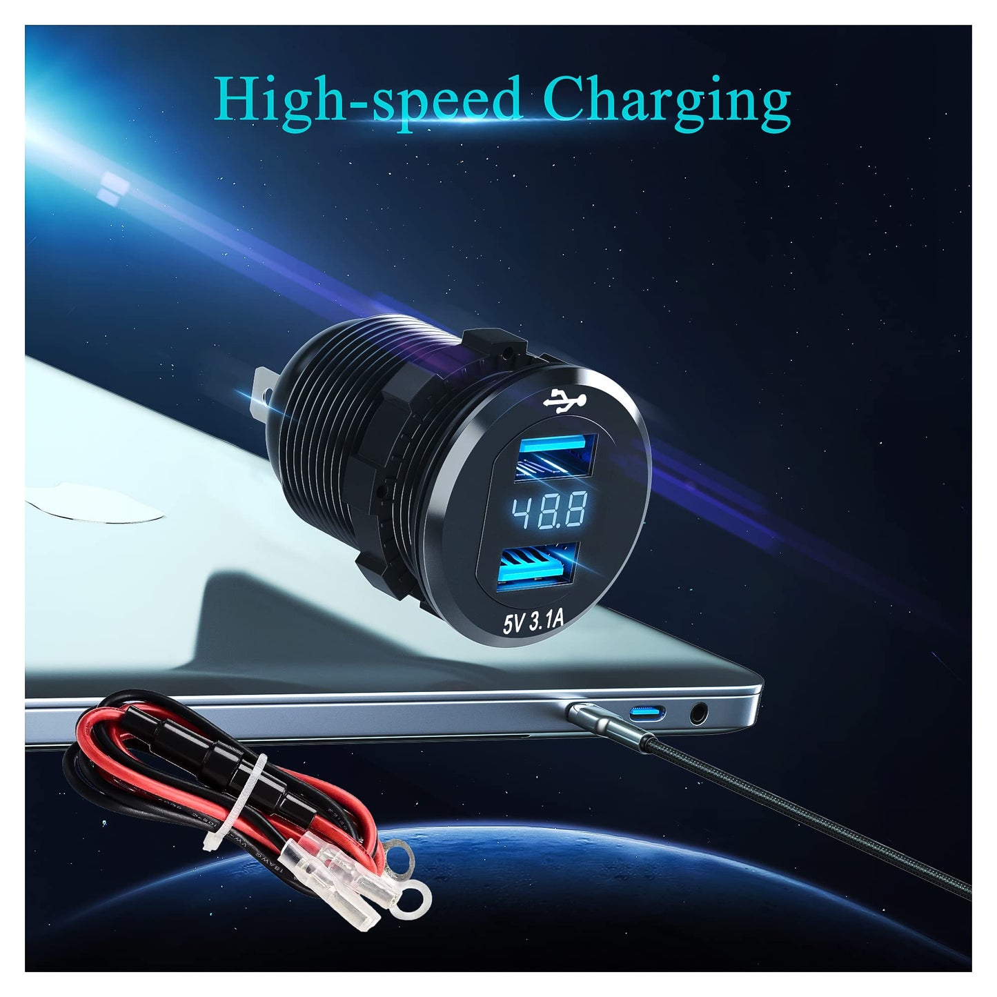 10L0L Universal 48V Golf-Cart-USB-Charger-Adapter with LED Digital Display, Dual Port 3.1A Quick Charge Fast Charging Power Socket for Club Car, EZGO, Yamaha – Phone Charging Port