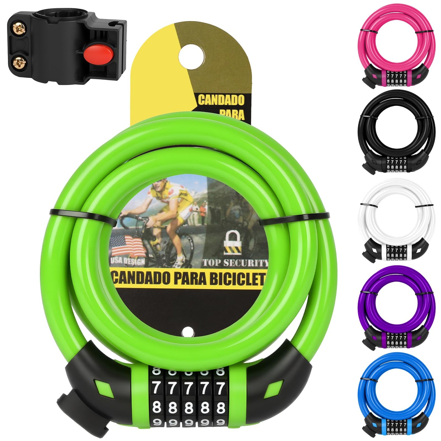 Ainiv Bike Lock, 4 FT/120cm Bike Lock Cable with Mounting Bracket, Portable Anti Theft 5 Digits Codes Cable Locks, Resettable Combinations Bicycle Lock for Bike, Motorbike, Scooter, Gate(Green)