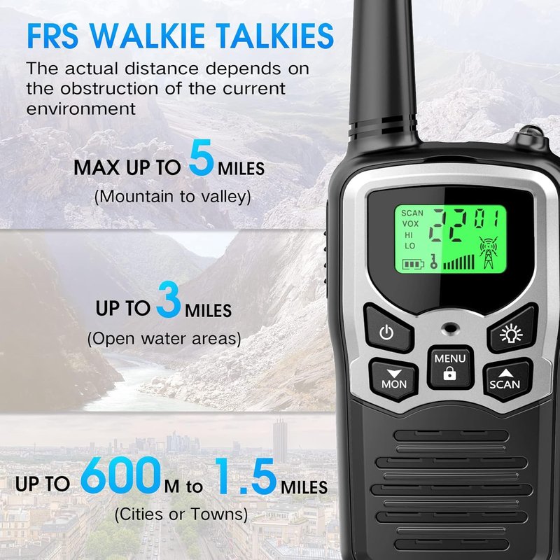 MOICO Long Range Walkie Talkies - Two-Way Radios with 22 Channels, LCD Display & LED Flashlight | Perfect for Camping & Hiking (2 Pack, Silver)