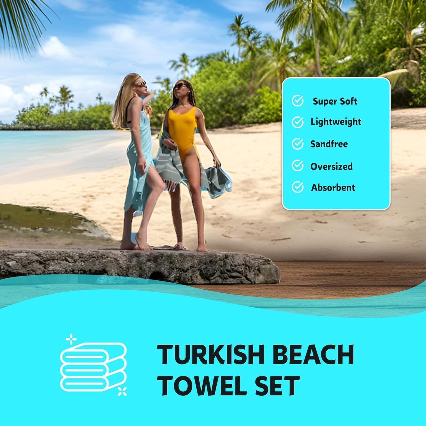 Turkish Beach Towels Set of 6 - Authentic Hamam Peshtemal, 100% Cotton, Oversized 72"x40" | Quick-Dry, Lightweight, Sand Free - Aquamarine