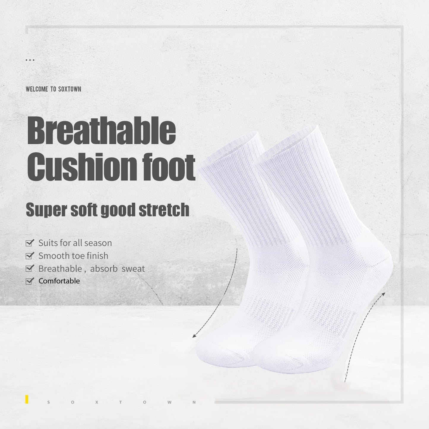 SOX TOWN Unisex Cushioned Crew Training Athletic Socks Men & Women with Combed Cotton Moisture Wicking Breathable Performance(White XL)