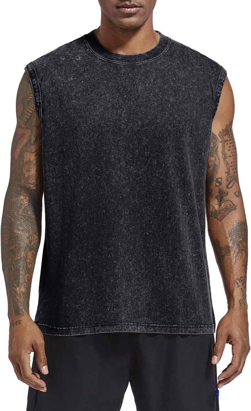 Men's Cotton Workout Tank Top - Sleeveless Acid Wash Gym Tee | Loose Fit Muscle Shirt