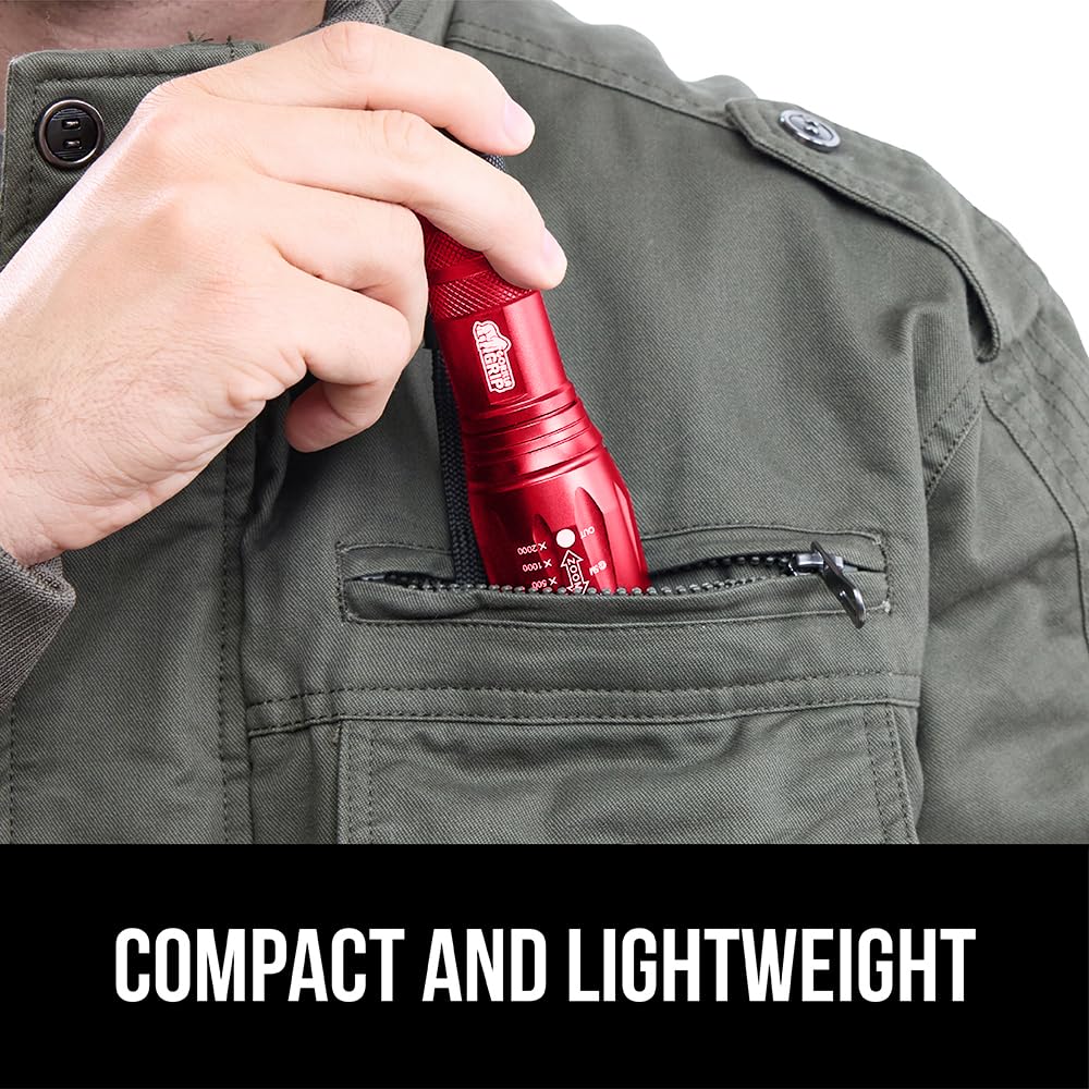 GORILLA GRIP Powerful LED Tactical Flashlight, 750 FT High Lumens 5 Adjustable Modes, Water Resistant, Ultra Bright Zoom Flashlights, Small Mini Flash Light, Camping, Night Dog Walking, Red