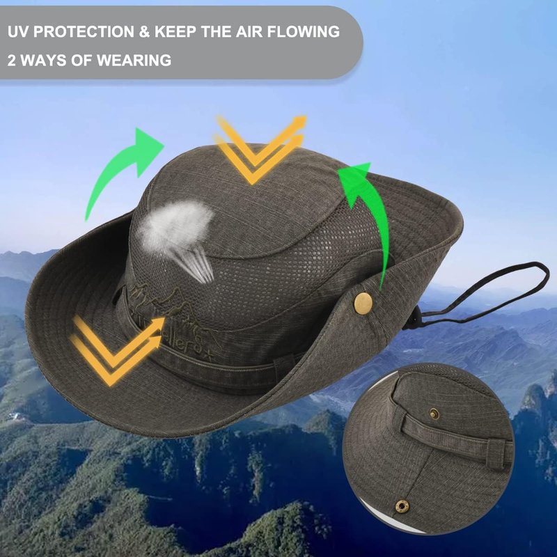Men's Sun Hat - Cotton Embroidered Wide Brim Bucket Hat for Summer Outdoor Protection | Foldable Safari Style
