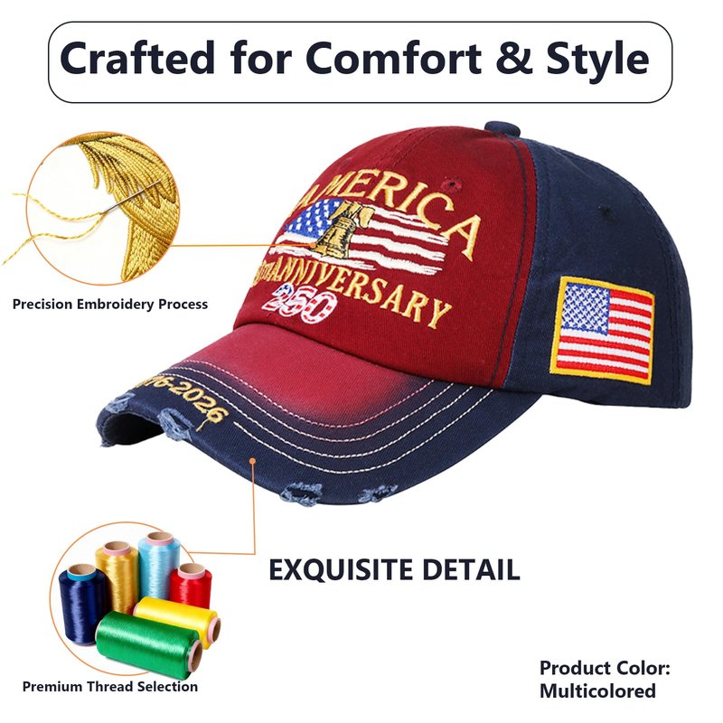250 Anniversary USA Hat for Men Adjustable United States 250th Birthday Hat & Caps for Women Patriotic Embroidery Baseball Caps 250 Anniversary USA Merchandise Gift for Dad Multi