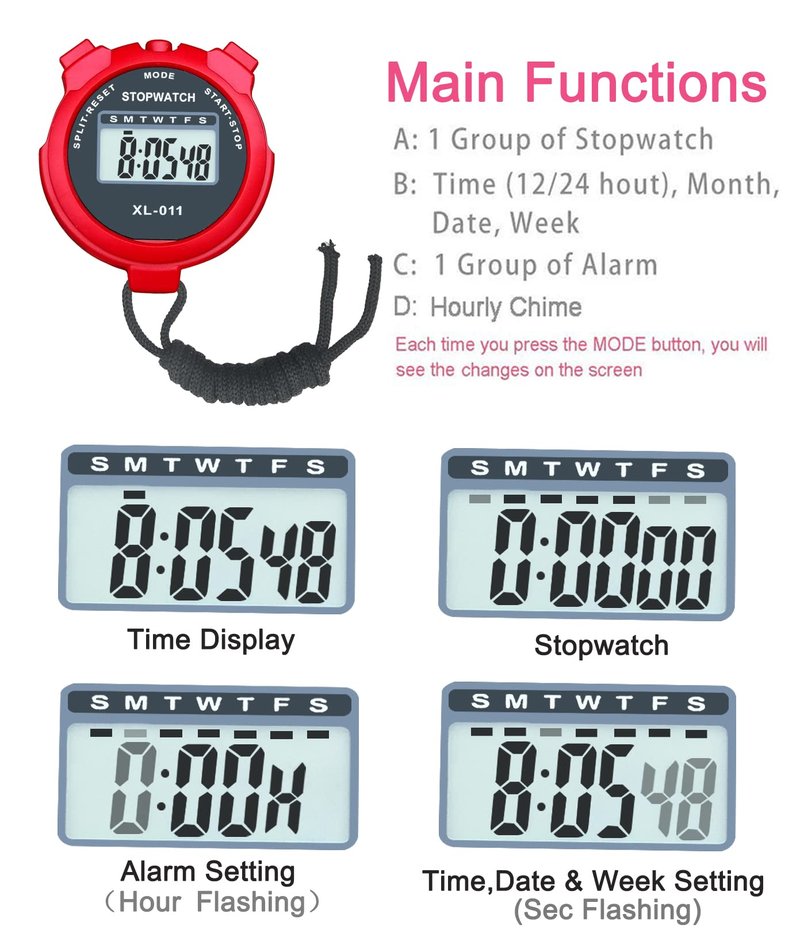 Digital Stopwatch, BESTWYA Large Screen Handheld Count Up Timer with Time Calendar Clock Function (C, Pack of 4)