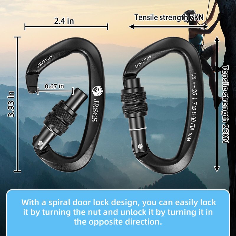 JRSGS Climbing Carabiner 25KN Large Carabiner Clip Auto Locking Carabiner Obtained UIAA Certification Heavy Duty Carabiners Suitable for Rock Climbing, Camping, Gym,Rescue