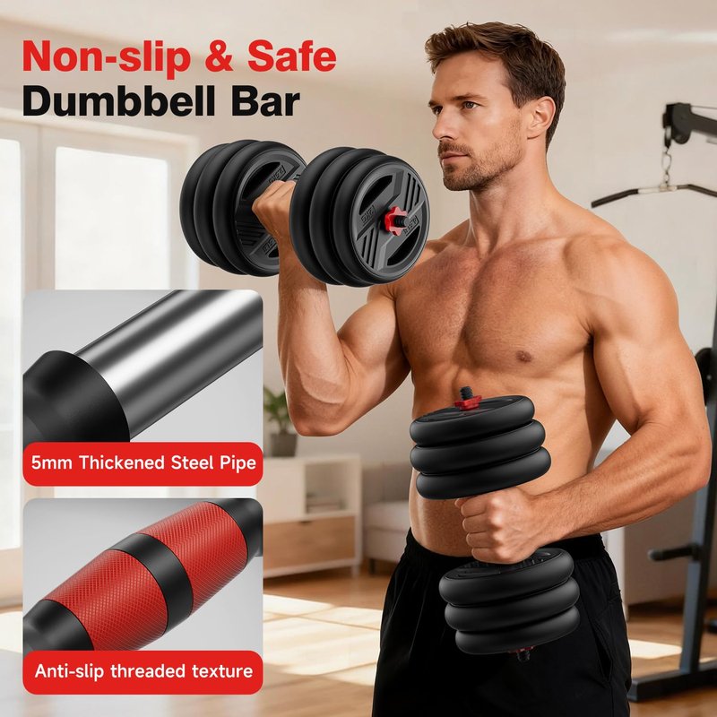 Cvonte Adjustable Dumbbell Set, 45lbs Free Weight Set With Double Locknut, 5-in-1 Dumbbells Set Includes Barbell, Kettlebells, Push up Stand, Fitness Exercise for Home Gym Suitable Men/Women