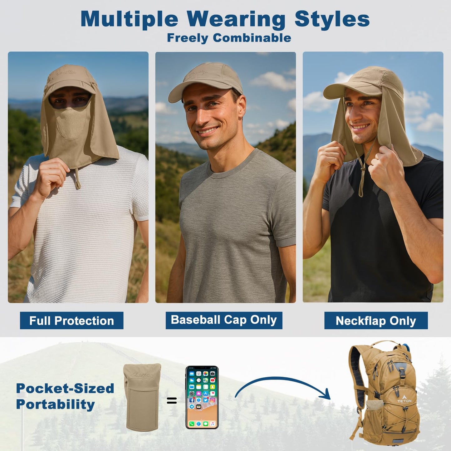 Surblue Quick-Drying Outdoor Cap UV Protection Sun Hats Fishing Hat Neck Face Flap Hat UPF50+ Khaki