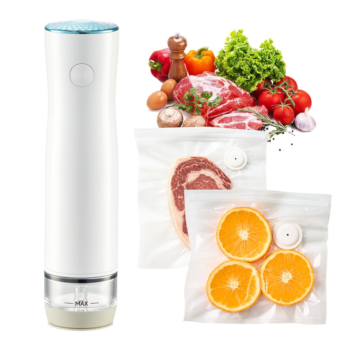 Compact Vacuum Sealer for Food (Vacuum Sealer Machine + 30 Reusable Vacuum Bags+4lids), Powerful Handheld Food Vacuum Sealer Machine with LED Display & Liquid Drainage Tube, Portable Food Sealer