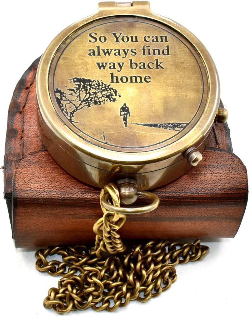 “So You Can Always Find Your Way Back Home” Antique Brass Pocket Compass with Leather Case for Couple | Birthday Gifts | Christmas Day Gift Compass | Hiking Compass