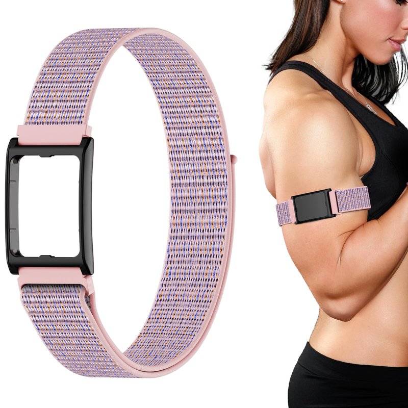 Vigamen Sport Band and Frame Compatible with Amazfit Helio Strap Fitness Tracker,Nylon Loop Replacement Bands with Case for Arm/Ankle Wearing,Adjustable Bicep Wristband for Women Men,Pink Sand