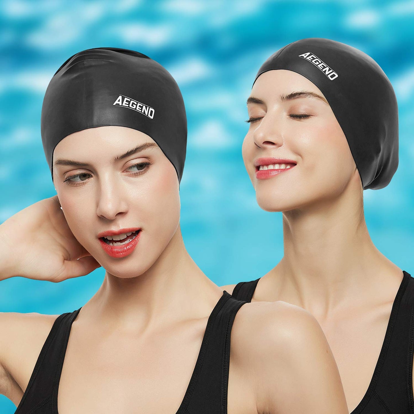 Aegend Swim Caps for Long Hair (2 Pack), Durable Silicone Swimming Caps with Spacious Space for Women Men Adults, Easy to Put On and Off, Black