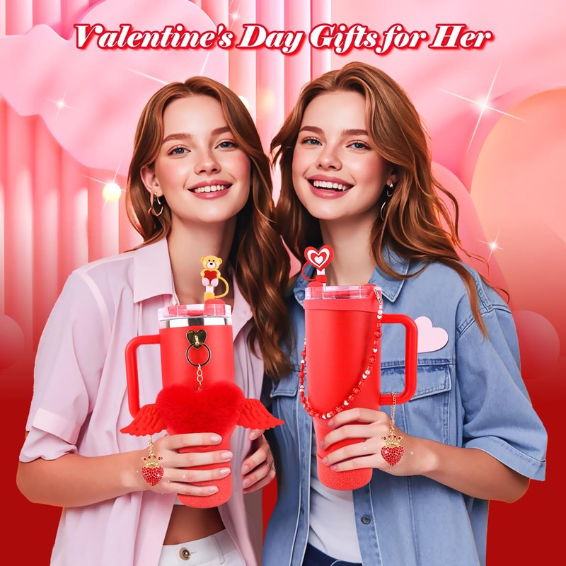 WINOWIMO 8 Pcs Valentines Day Accessories Set for Stanley Cup 30&40 Oz, Red Silicone Glitter Boot 2 Pcs Straw Covers Pom-Pom Charm Heart Charm Water Bottle Handle, Valentines Day Gifts for Her Girls
