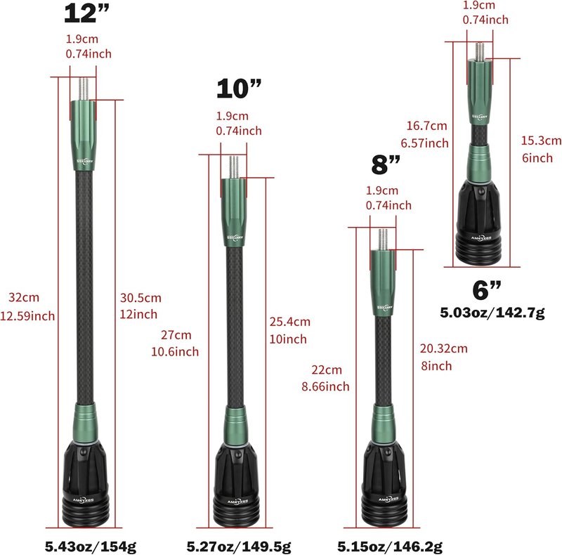 Archery Bow Stabilizer - 3K Carbon Fiber, Flexible Core with Damping System | 6", 8", 10", 12" Options