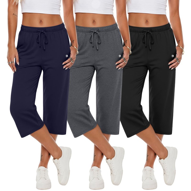 Neer 3 Pack Women's Capri Pants, Wide Leg Basic Sweatpants Lounge Loose Fit Casual Drawstring Yoga Capris with Pockets(Black, Dark Mixed Gray, Navy Blue,X-Large)