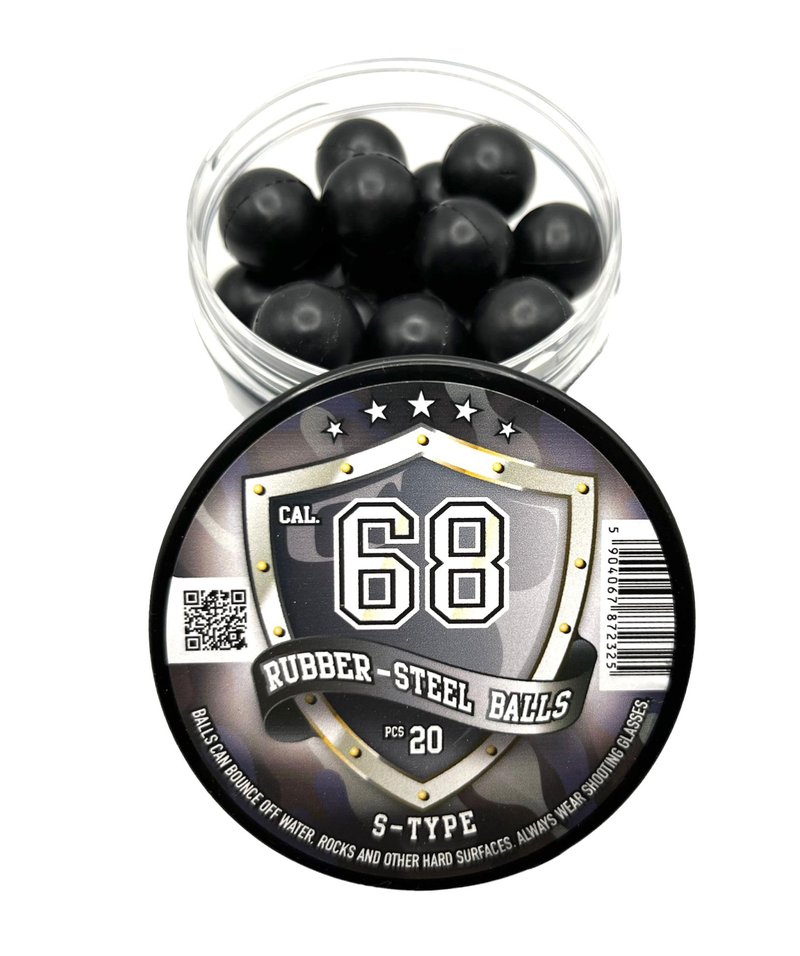 20 pcs S-Type RUBBER-STEEL BALLS in .68 Cal. Premium Quality Hard Rubber Steel Balls Paintballs Powerballs 7 gr. Heavy Ammo for Self Home Defense Training Pistols in 68 Caliber