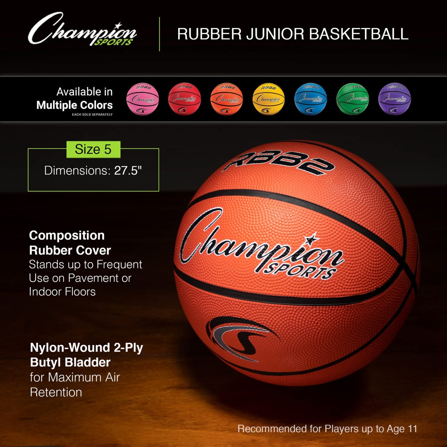 Champion Sports Rubber Junior Basketball, Heavy Duty - Pro-Style Basketballs, and Sizes - Premium Basketball Equipment, Indoor Outdoor - Physical Education Supplies (Size 5, Pink)