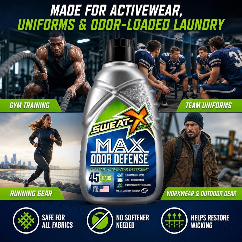 Max Odor Defense Laundry Detergent - Natural Liquid for Activewear & Sensitive Skin | 45 Loads