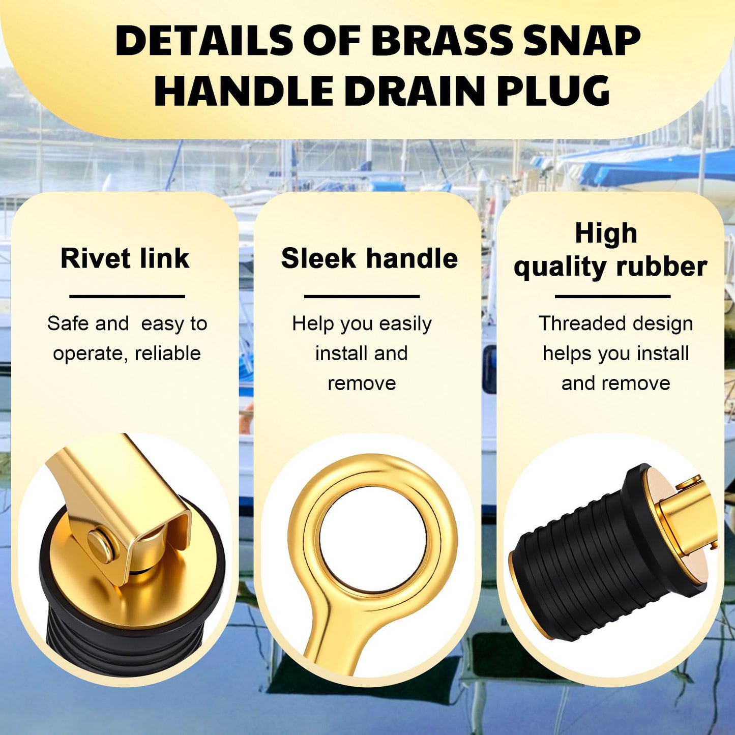 2 Pcs Brass Boat Plug for 1-Inch-Diameter Drains, Boat Drain Plug Locks in Place, Brass Handle