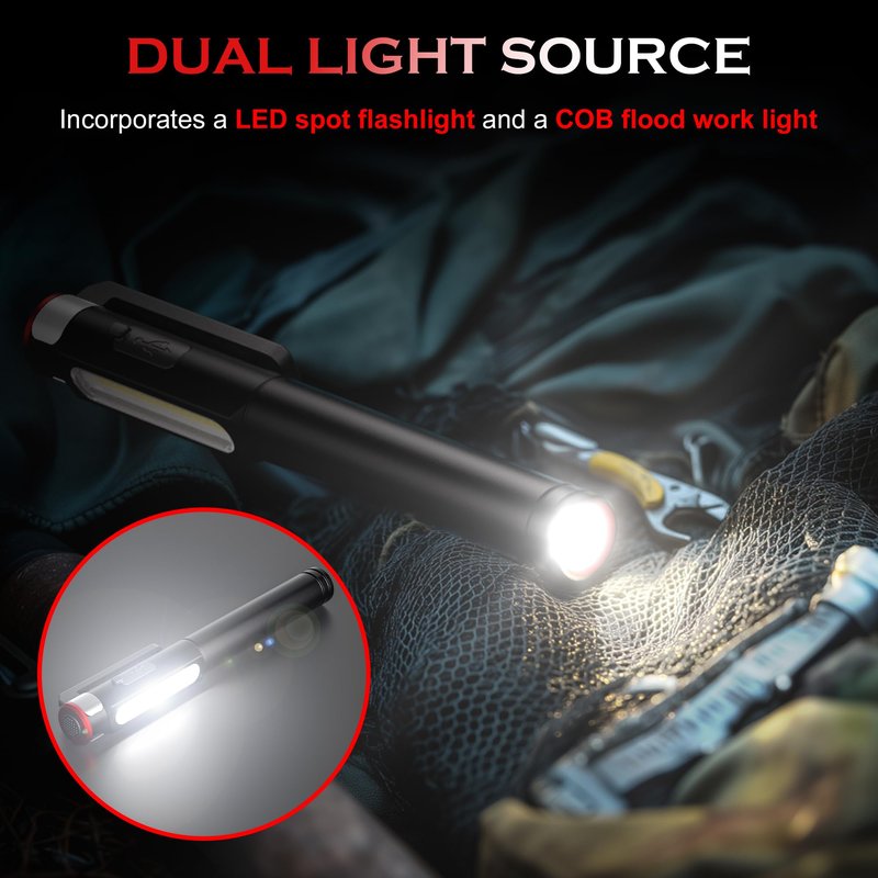 Recgargeable Pen Light, 800 Lumens LED Pen Flashlights 6 Modes COB Magnetic Flashlight with Clip Bright Pocket Flashlights Work Light Portable Waterproof Durable Penlight for Work Emergency