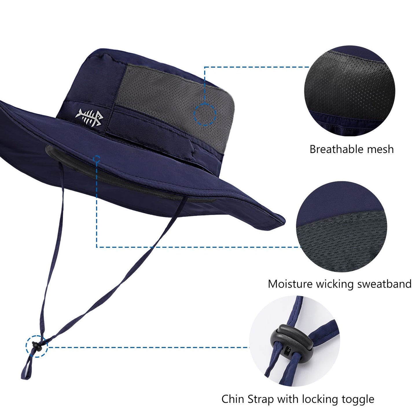BASSDASH UPF 50+ Fishing Sun Hat Water Resistant Unisex Wide Brim Bucket Boonie Hat for Hiking Camping Safari FH15 Dark Blue