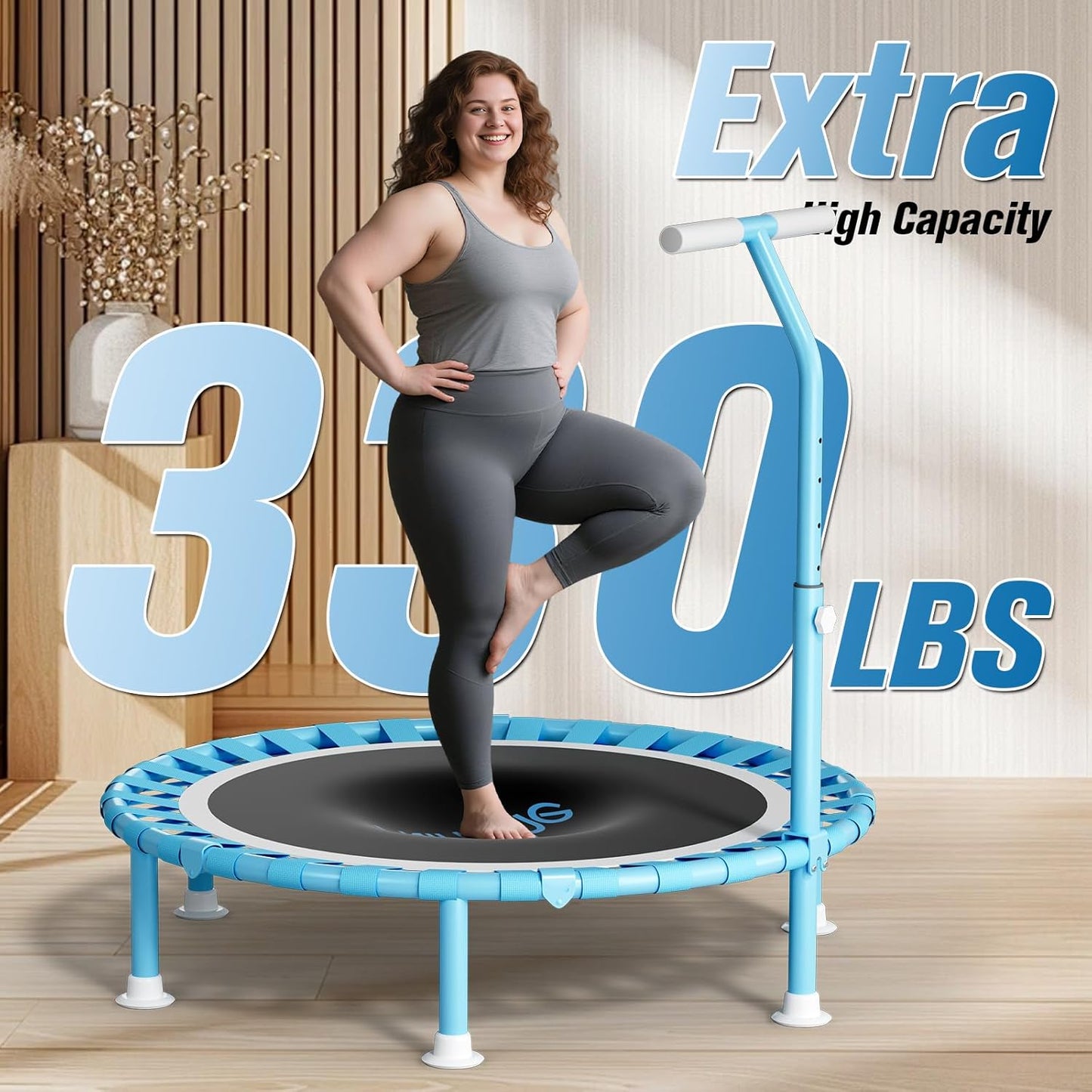 Fitness Mini Trampoline - 40” Adjustable Handle Bar, 330lbs Capacity | Foldable Bungee Rebounder for Indoor Exercise